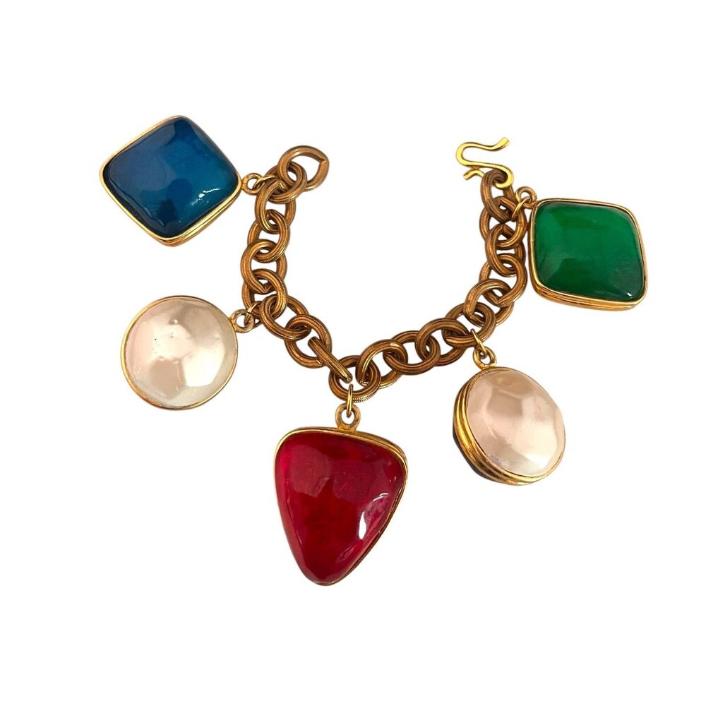 Vintage 1980s Statement Charm Bracelet Jewel Tone Faux Pearl Gold Tone - 9P